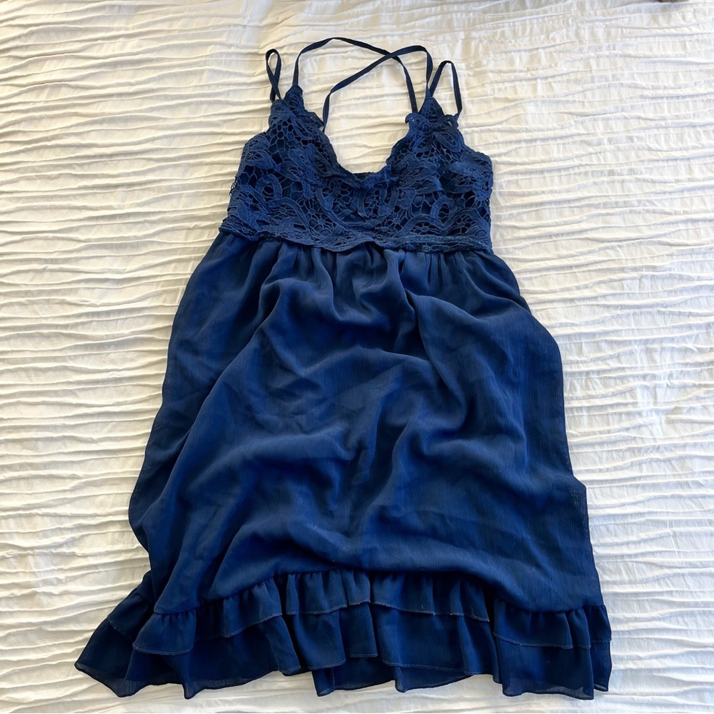 Elegant Lace Trim Navy Nightgown